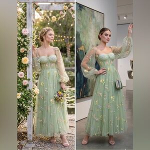 Sage Green Floral Tulle Mash Corset  Embroidery Prom Wedding Guest Dress Size2-4